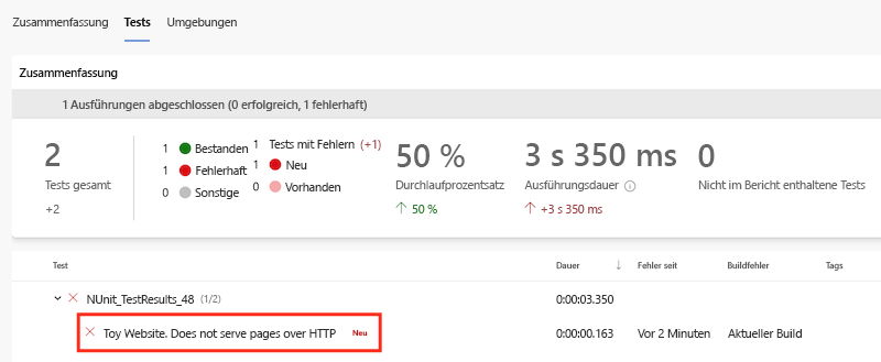 Screenshot: Azure DevOps-Benutzeroberfläche mit den Ergebnissen aus der Ausführung der Pipelinetests, wobei der fehlgeschlagene Test hervorgehoben ist