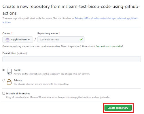 Screenshot der GitHub-Benutzeroberfläche mit der Seite zur Repositoryerstellung