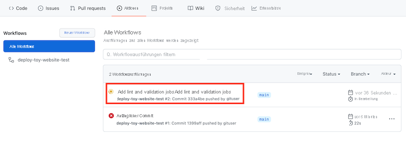 Screenshot von GitHub Actions mit hervorgehobenem Link zur letzten Workflowausführung