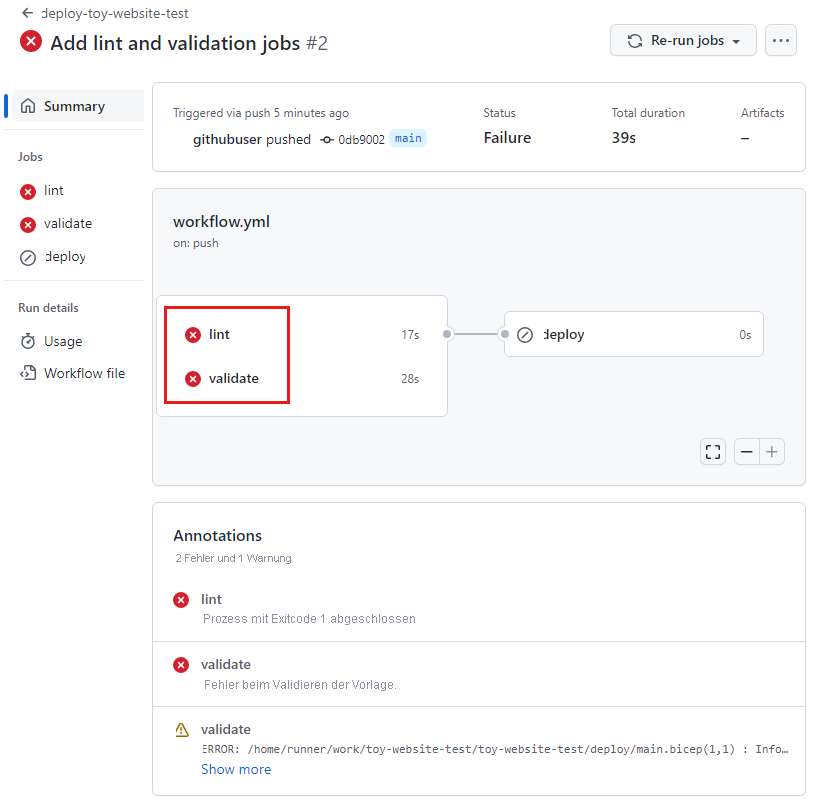 Screenshot einer Workflowsausführung in GitHub Actions mit Fehlern bei den Linting- und Überprüfungsaufträgen