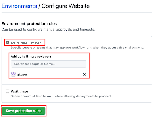 Screenshot der GitHub-Benutzeroberfläche mit der Umgebung „Website“ mit hervorgehobenem Kontrollkästchen „Erforderliche Reviewer“ und hervorgehobenem Textfeld
