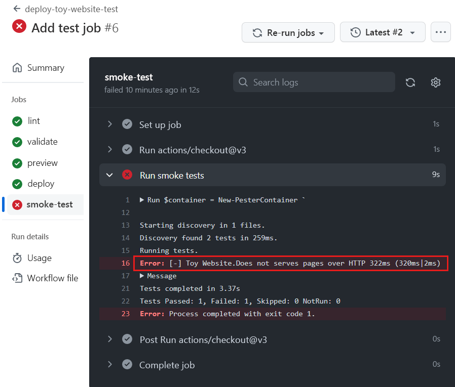 Screenshot der GitHub-Benutzeroberfläche mit den Ergebnissen aus der Ausführung der Workflowtests, wobei der fehlerhafte Test hervorgehoben ist