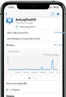 Screenshot der mobilen Azure-App, die auf einem Smartphone ausgeführt wird und das Aktivitätsprotokoll für eine VM anzeigt.