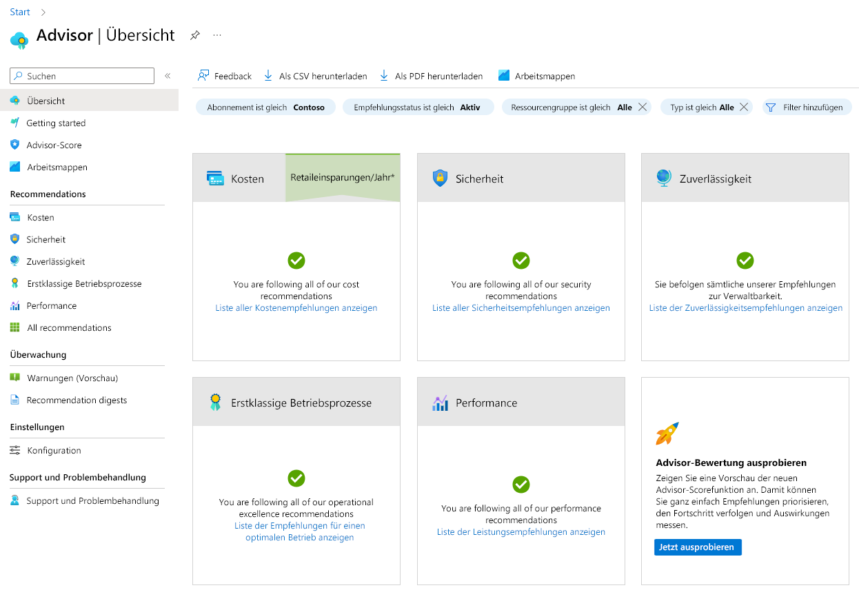 Screenshot der Azure Advisor-Übersichtsseite im Azure-Portal.