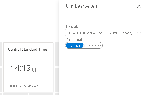 Screenshot zeigt die Einstellungen zum Bearbeiten der Uhr für die Kachel „Uhr“ im Azure-Portal.