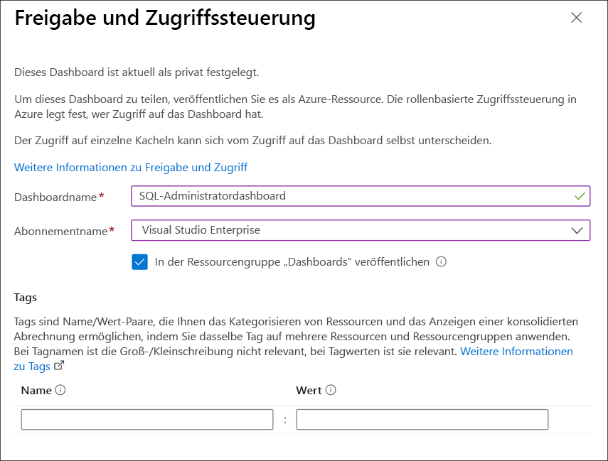 Screenshot des Bereichs „Freigabe + Zugriffssteuerung“ vor der Freigabe des Dashboards.