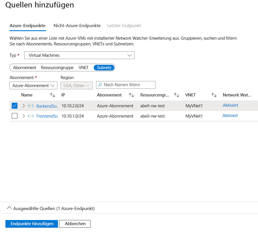 Screenshot that shows enabling of Network Watcher backend subnet.