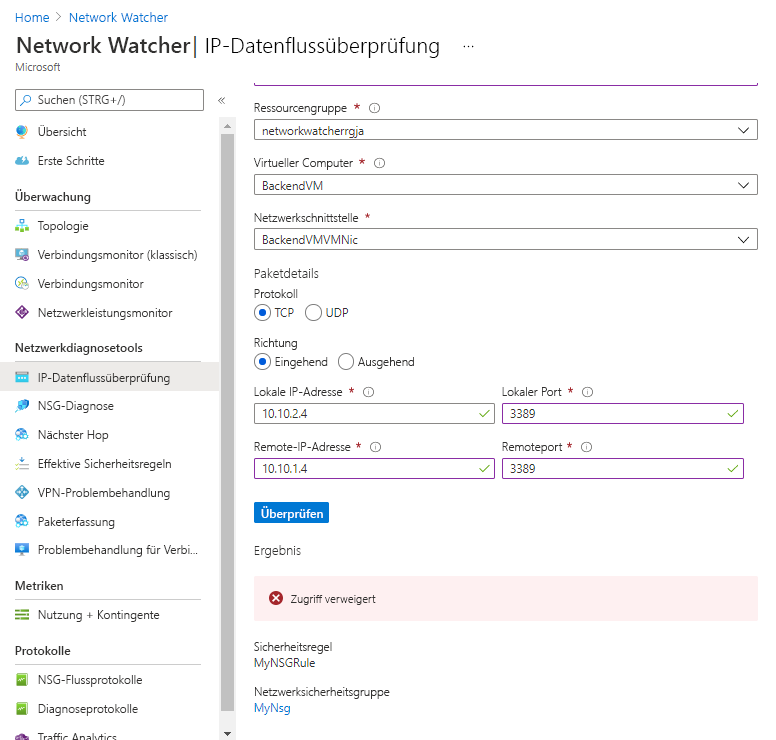 Screenshot showing an IP flow test.