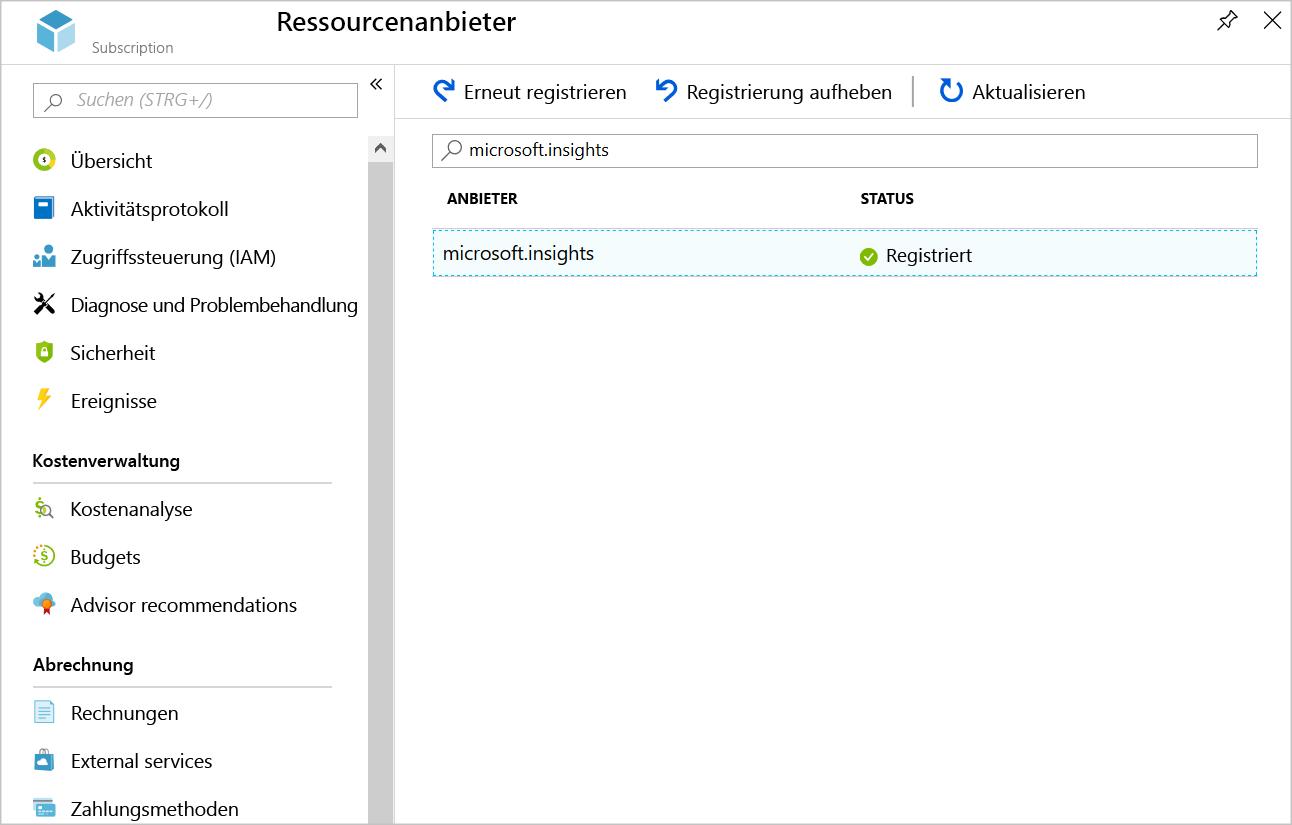 Screenshot showing the registered Microsoft.Insights provider.