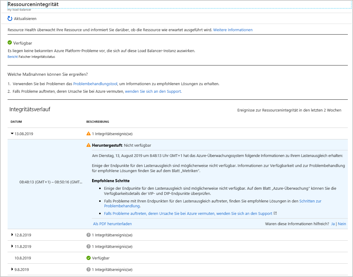 Screenshot der Seite „Ressourcenintegrität“ für Azure Load Balancer mit dem Bericht, der zeigt, dass mindestens ein Endpunkt nicht verfügbar ist.