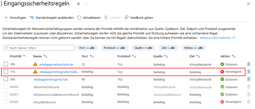 Screenshot: Eingangssicherheitsregeln für die Netzwerksicherheitsgruppe
