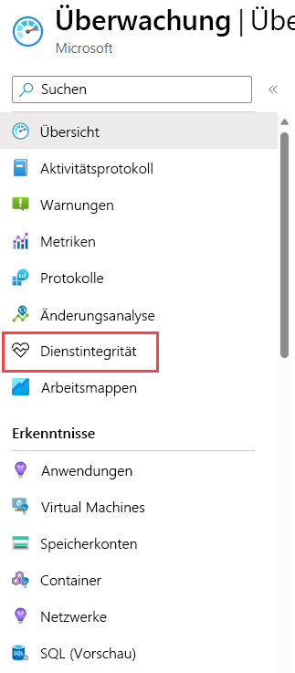 Screenshot: Aus dem linken Menü ausgewählte Service Health-Option