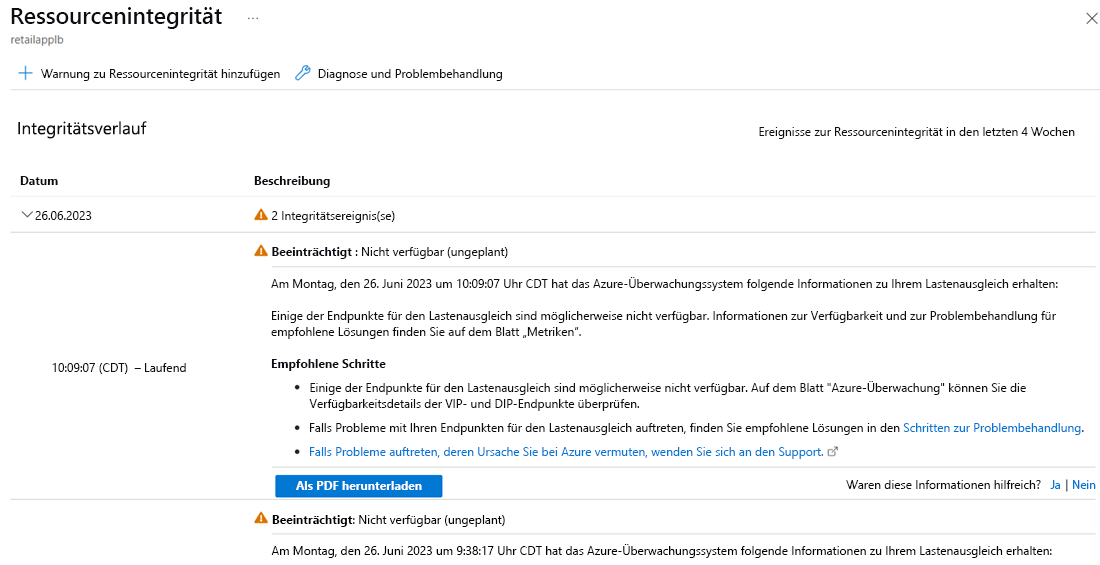 Screenshot: Seite „Ressourcenintegrität“, die den Integritätsverlauf einschließlich Datum, Anzahl der Integritätsereignisse, Status, Beschreibung und empfohlene Schritte zeigt.