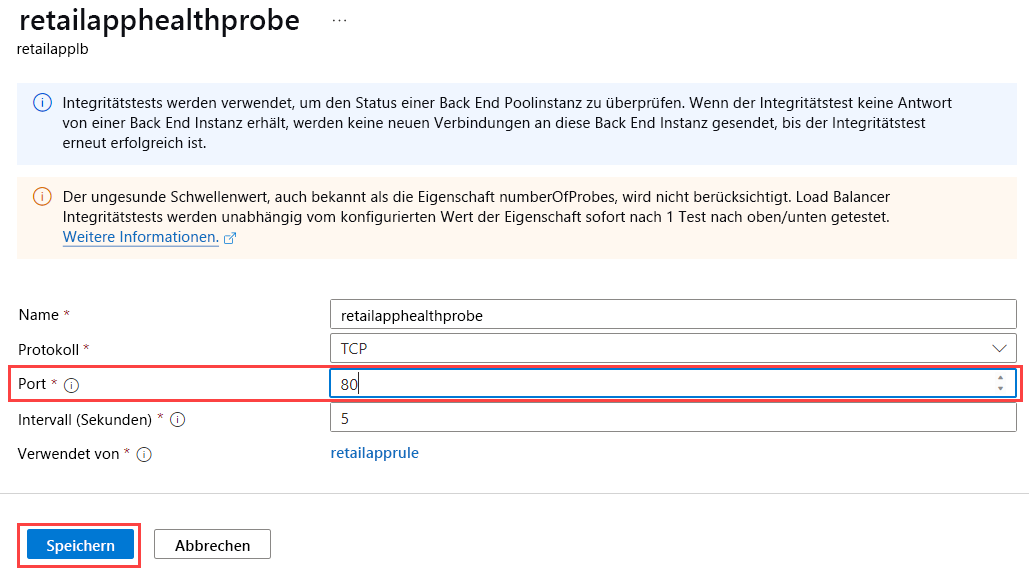 Screenshot: Seite „retailapphealthprobe“, auf der die in den Wert 80 aktualisierte Portnummer angezeigt wird.