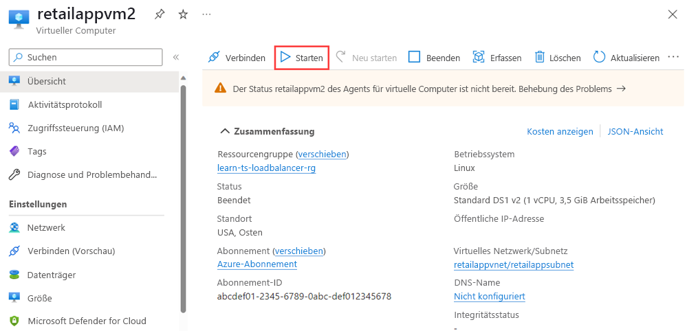 Screenshot: Seite „Übersicht“ für den virtuellen Computer „retailappvm2“ mit hervorgehobener Schaltfläche „Start“.