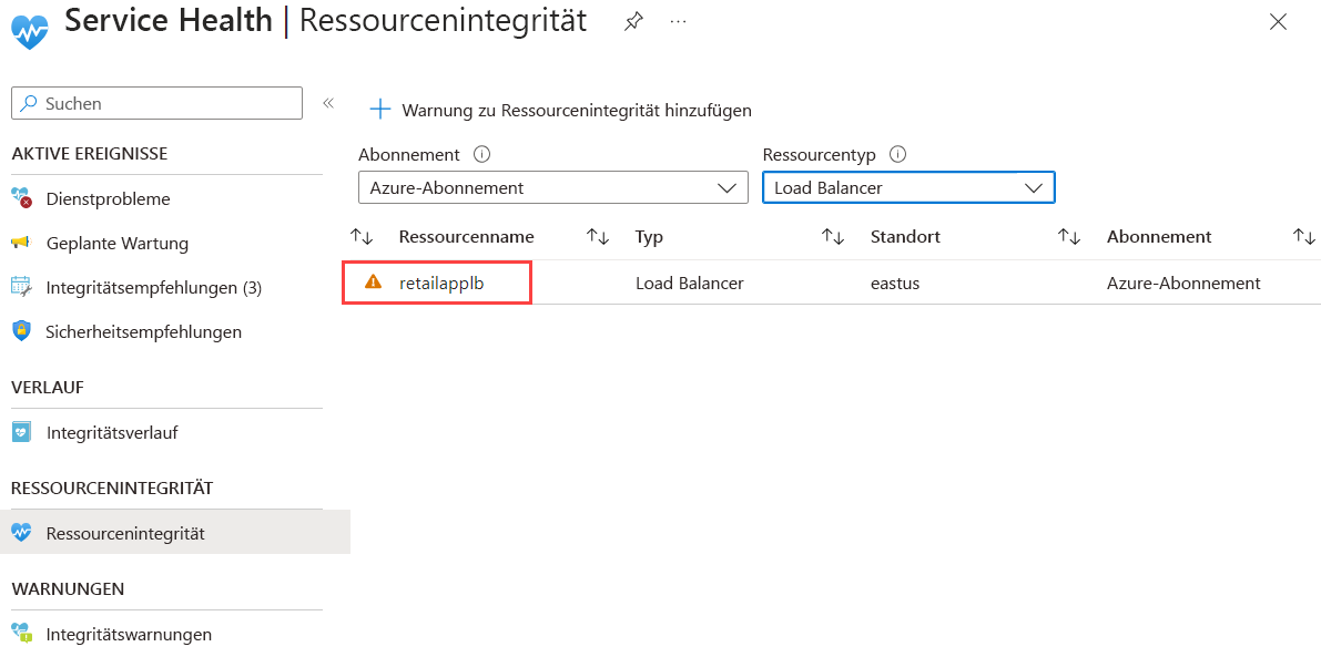 Screenshot: Seite „Service Health – Ressourcenintegrität“ mit ausgewählter Ressource „retailapplb“