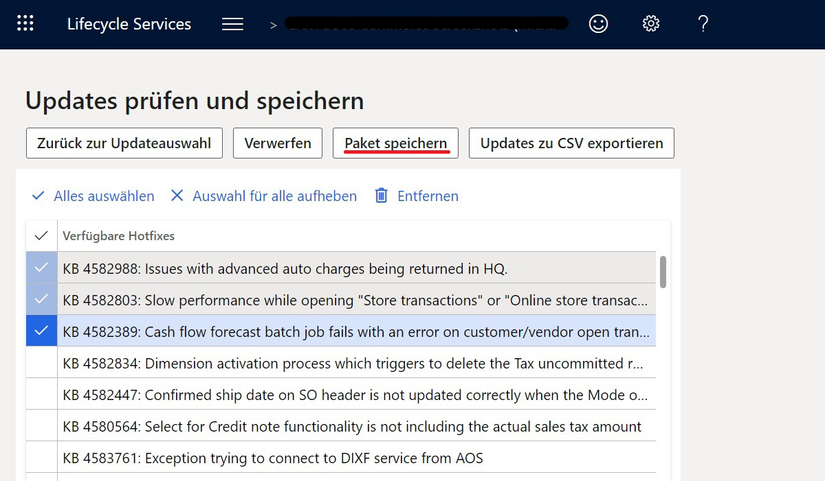 Screenshot eines Beispiels der Seite „Updates überprüfen und speichern“