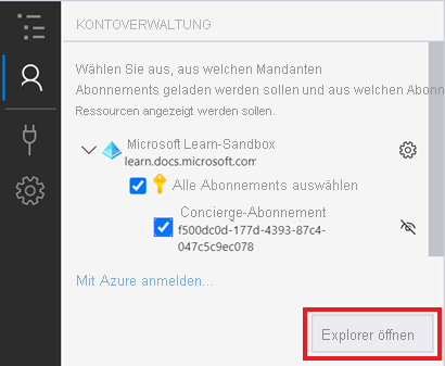 Screenshot: Panel „Kontoverwaltung“ nach der Anmeldung bei einem Azure-Konto