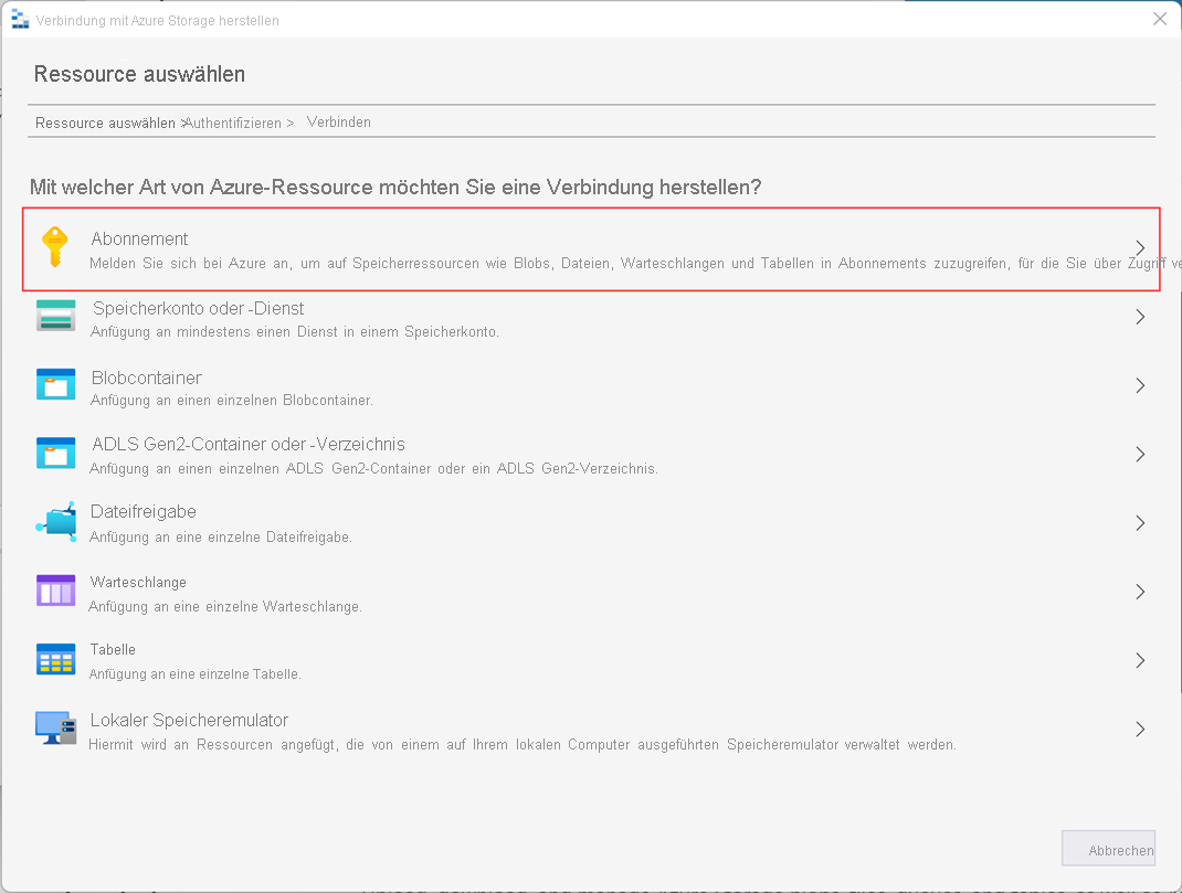 Screenshot: Bildschirm „Ressource auswählen“ im Azure Storage-Assistenten.