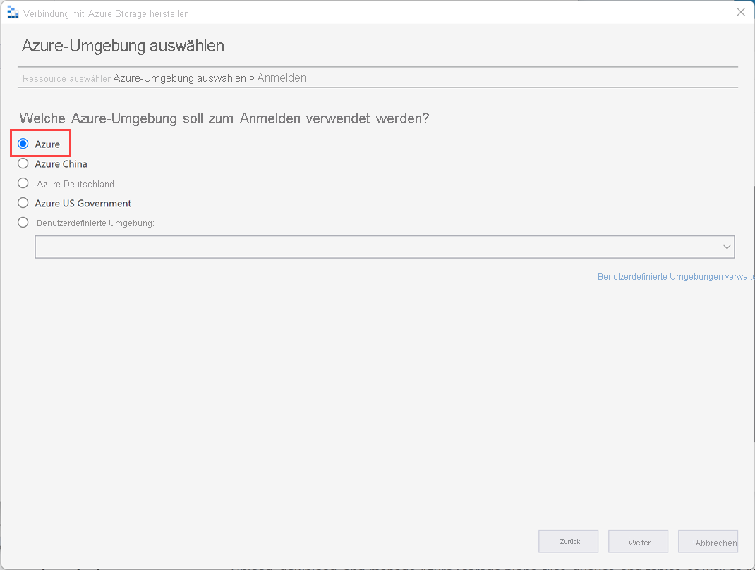 Screenshot: Bildschirm „Azure-Umgebung auswählen“ im Assistenten zum Herstellen einer Verbindung mit Azure Storage.