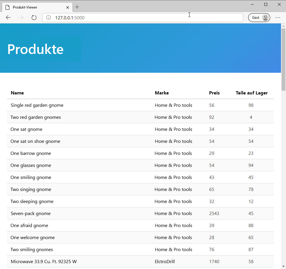 Screenshot: Python-Anwendung für das Dashboard „Produkte“