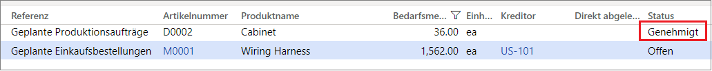 Screenshot eines genehmigten Fertigungsauftrags mit hervorgehobenem Status