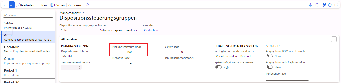 Screenshot der Seite „Dispositionssteuerungsgruppen“ mit dem Feld „Planungszeiträume (Tage)“