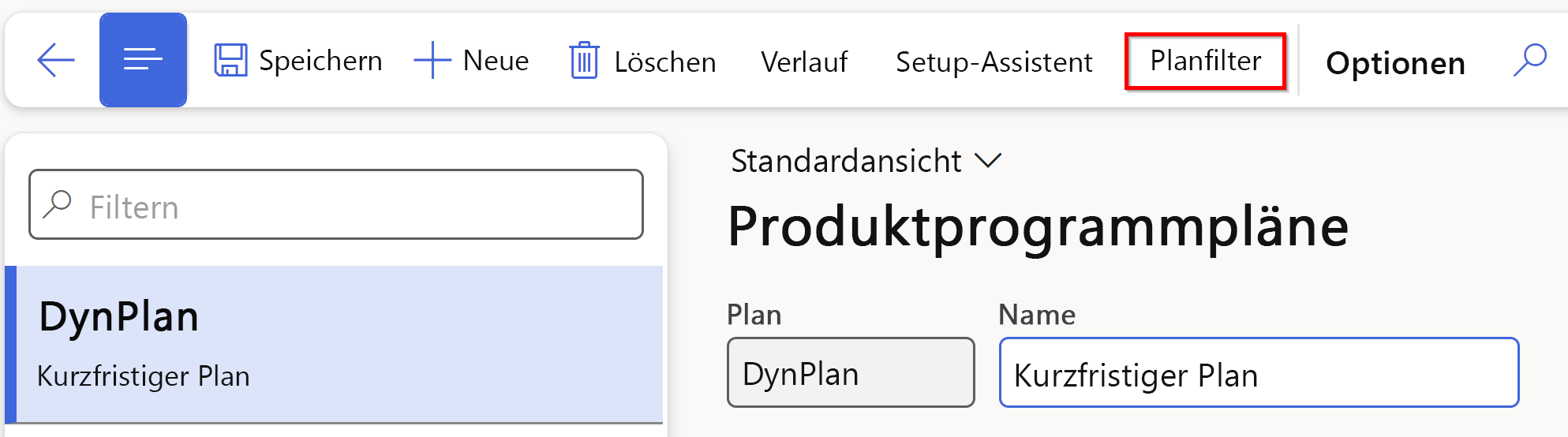 Screenshot der Seite „Produktprogrammpläne“ mit Hervorhebung der Registerkarte „Planfilter“