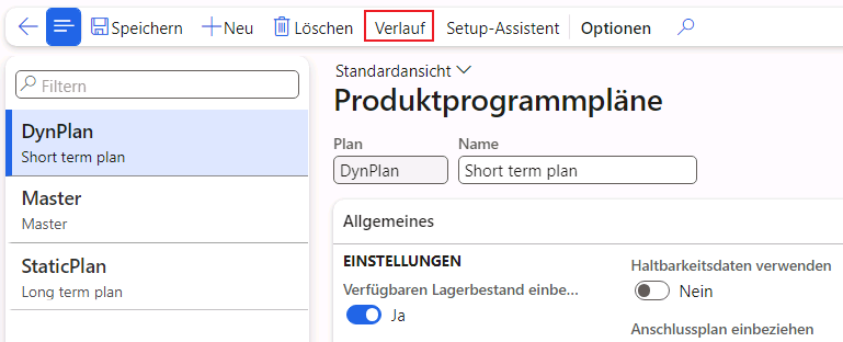 Screenshot der Seite „Verlauf der Produktprogrammplanung“