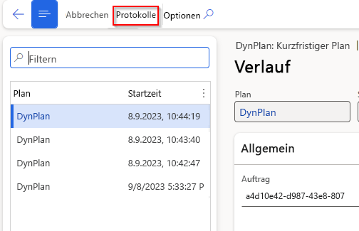 Screenshot der Seite „Protokolle“ im Menü des Aktionsbereichs