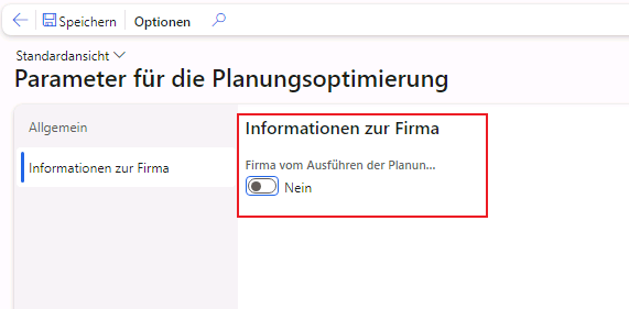  Screenshot der Seite mit den Parametern zur Planungsoptimierung für Unternehmensinformationen