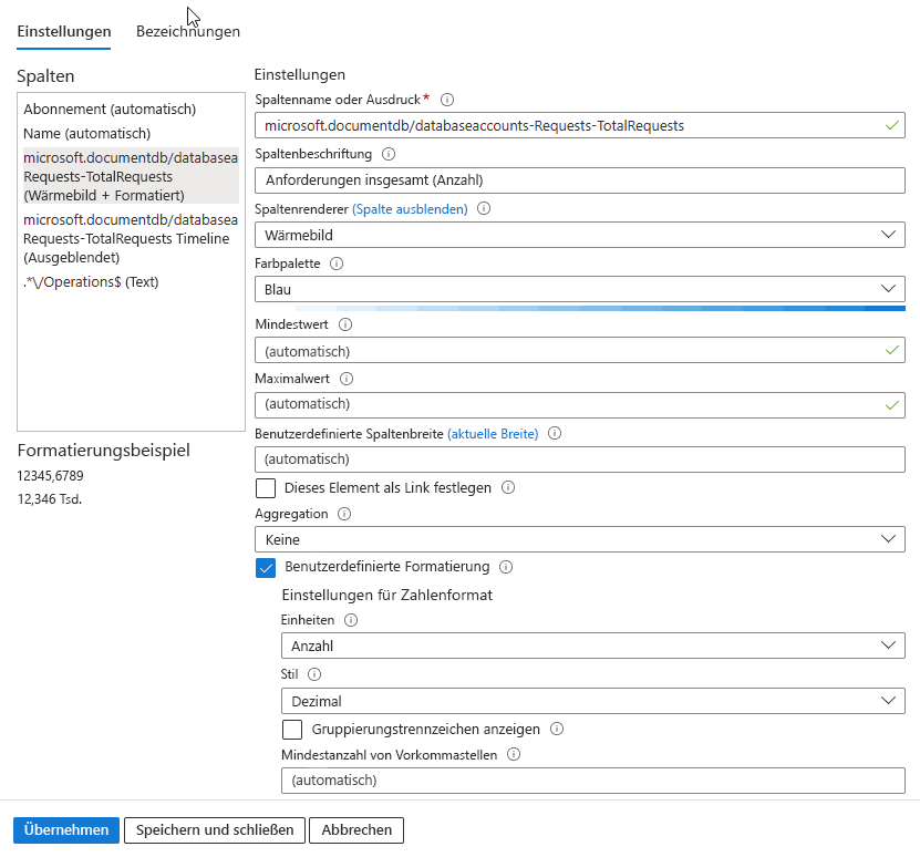 Screenshot that shows setting the colors in a grid using the heatmap setting in Azure Workbooks.