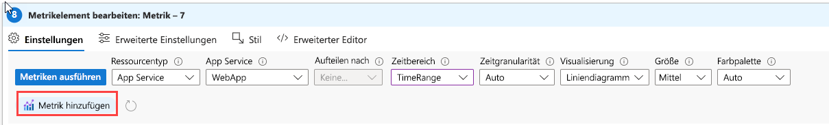 Screenshot that shows the metric settings for a web app in Azure Workbooks.