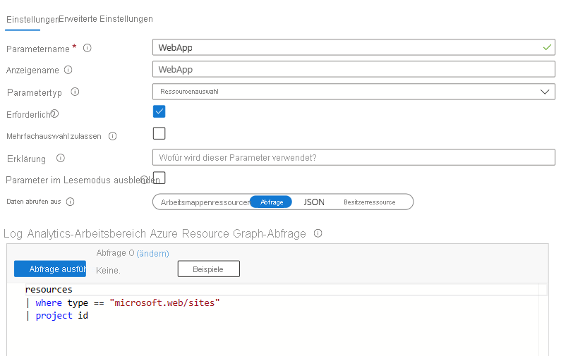 Screenshot that shows the web app parameter in a workbook.