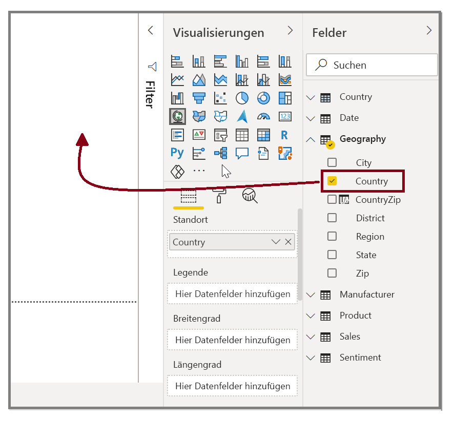 Ziehen Sie das Feld „Land“ in die Canvas, um ein Visual zu erstellen.