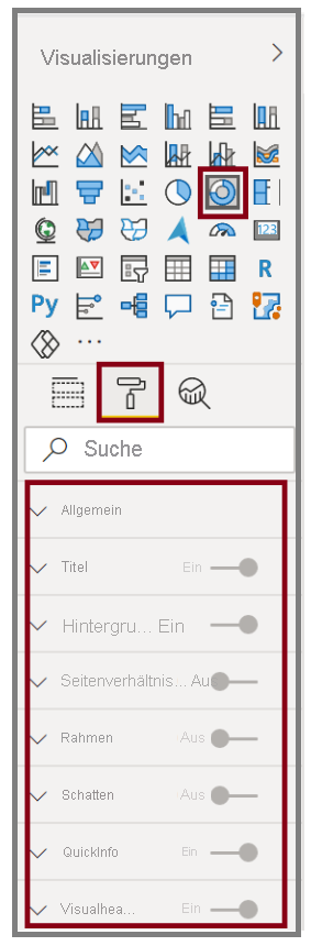 Abbildung einer Visual-Schaltfläche im Bereich „Visualisierungen“ mit den entsprechenden Formatierungsoptionen.