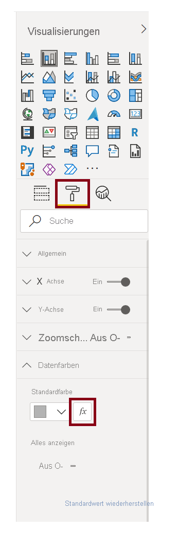 Abbildung der Option „Bedingte Formatierung“ unterhalb des Bereichs „Visualisierungen“.