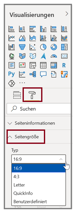 Abbildung der Optionen für „Seitengröße“ unterhalb des Bereichs „Visualisierungen“.