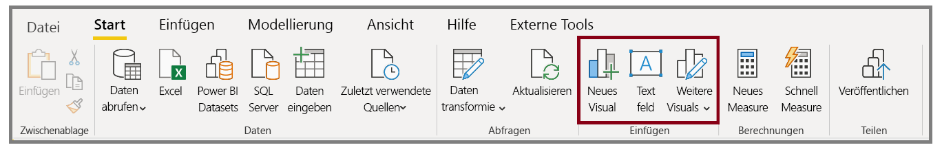 Screenshot der Schaltflächen „Textfeld“, „Bild“ und „Formen“ auf der Registerkarte „Start“.