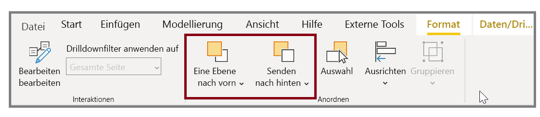 Abbildung der Schaltfläche „Eine Ebene nach hinten“ und die entsprechenden Dropdownoptionen auf der Registerkarte „Format“.