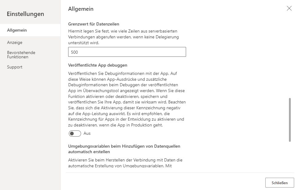 Screenshot der erweiterten Einstellungen der Power Apps-Einstellungen mit festgelegtem Grenzwert für Datenzeilen