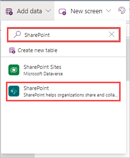 Ansicht der Schaltfläche „Daten hinzufügen“ mit der Eingabe von SharePoint im Suchfeld und dem hervorgehobenen SharePoint