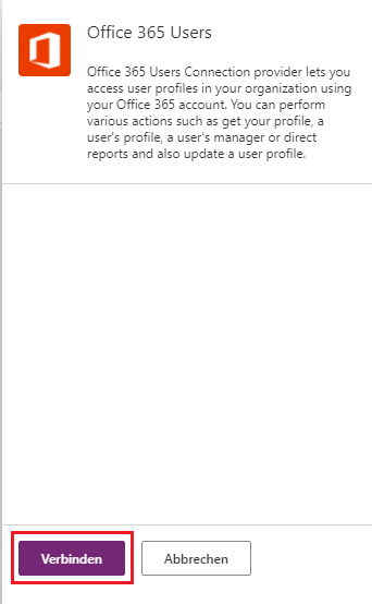 Screenshot des Fensters „Office 365-Benutzer“ mit der Schaltfläche „Verbinden“