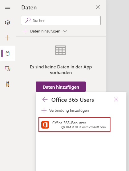 Screenshot des Fensters zum Hinzufügen von Daten mit ausgewählten Office 365-Benutzern