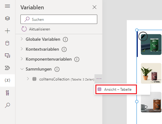 Screenshot des Menüs „Variablen“ mit erweiterten Sammlungen und hervorgehobener Schaltfläche „Tabelle anzeigen“