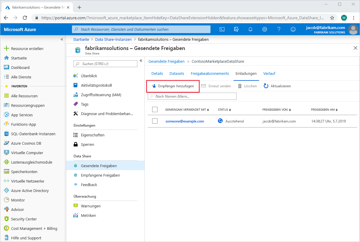 Screen shot of the Azure portal on the Data Share configuration pane highlighting the Add Recipient button.