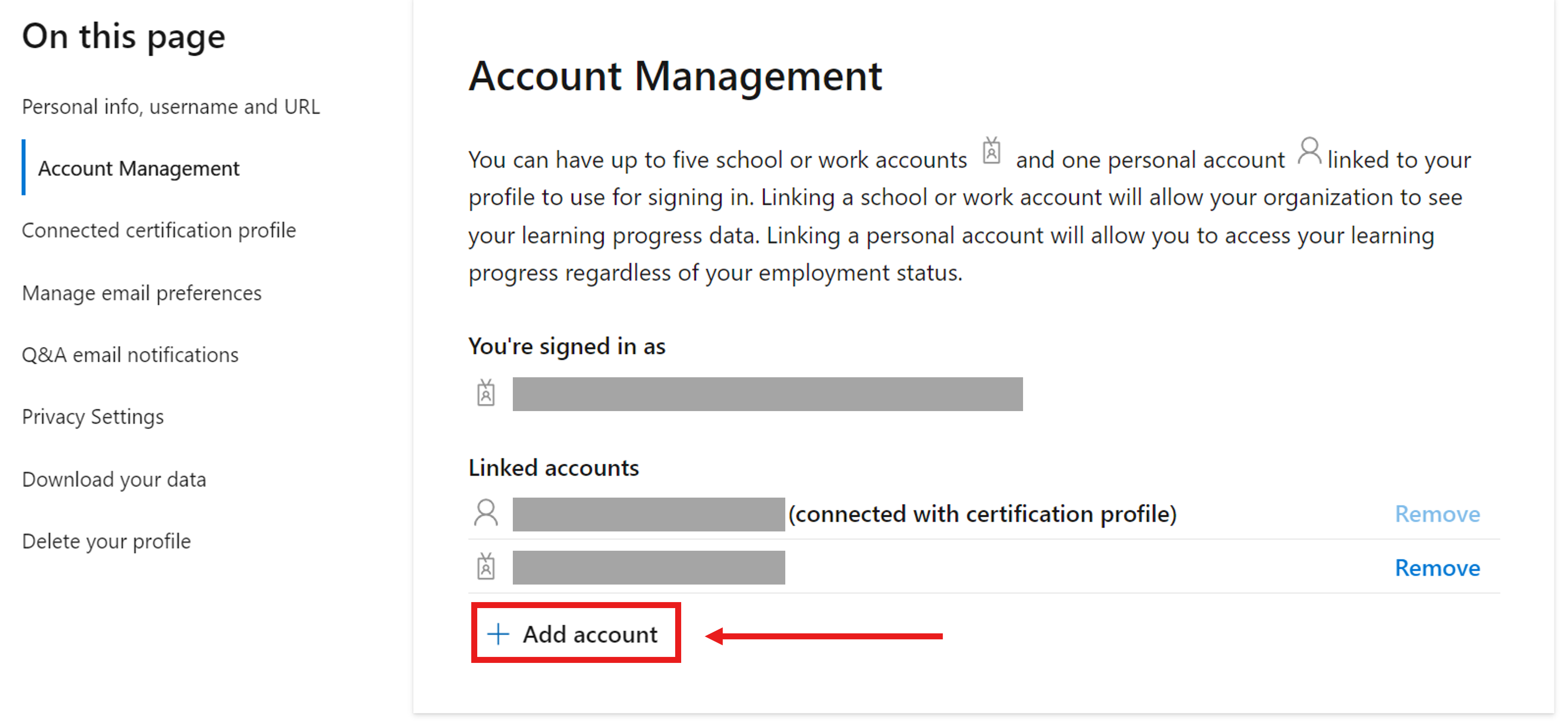 Screenshot des Abschnitts „Kontoverwaltung“ in den Microsoft Learn-Profileinstellungen