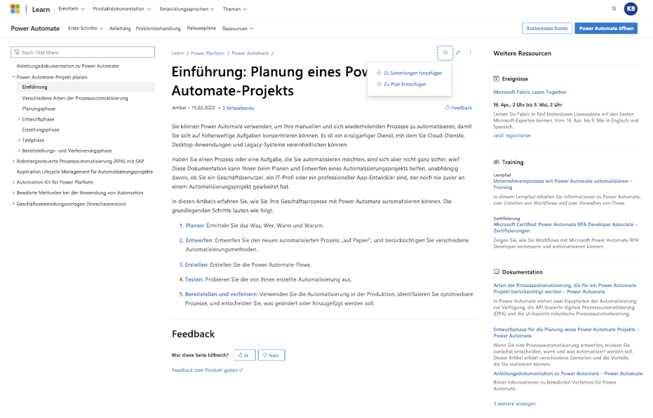 Screenshot des Hinzufügens von Inhalt zu einem nicht veröffentlichten Plan. Neue Aktionen werden im gesamten Inhalt auf der Learn-Website angezeigt, auf der Sie „Zu Plan hinzufügen“ auswählen können.