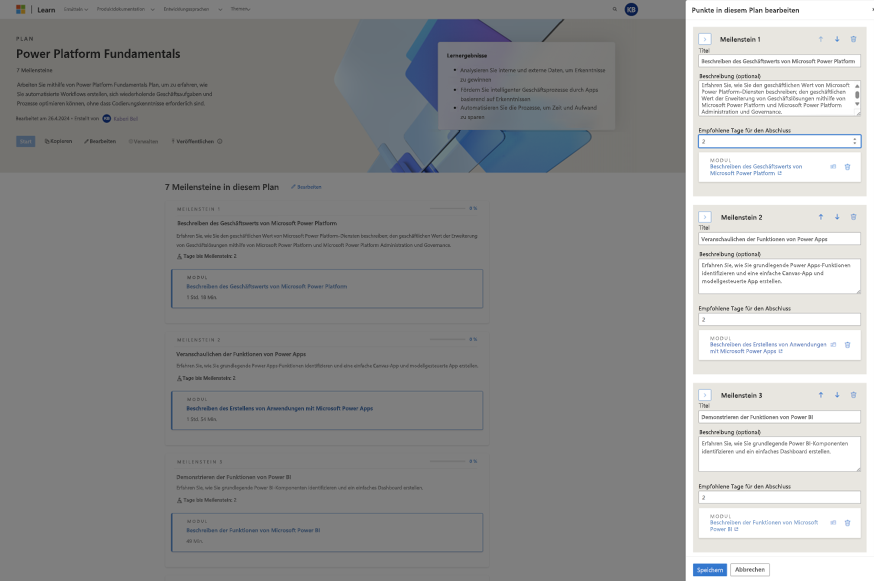 Screenshot des Hinzufügens von Meilensteinen zu einem Plan. Ein Blatt wird geöffnet, auf dem der Planersteller Meilensteine und empfohlene Tage bis zum Abschluss hinzufügen kann.