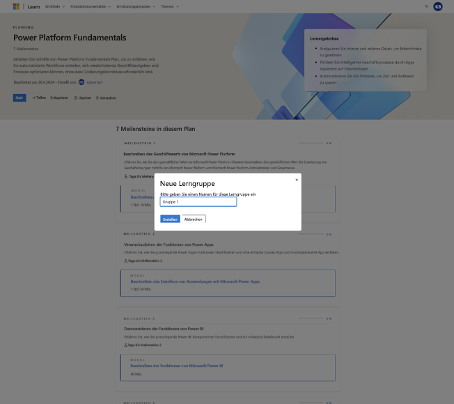 Screenshot der Benennung Ihrer neuen Lerngruppe.